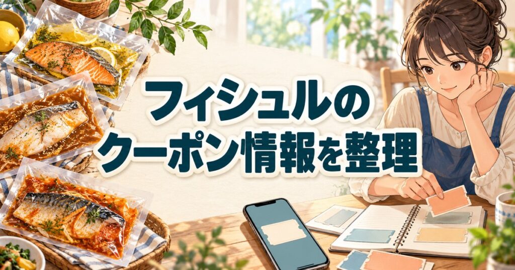フィシュルのクーポン情報を整理する女性と、味付け済みの魚の切り身が入った真空パック