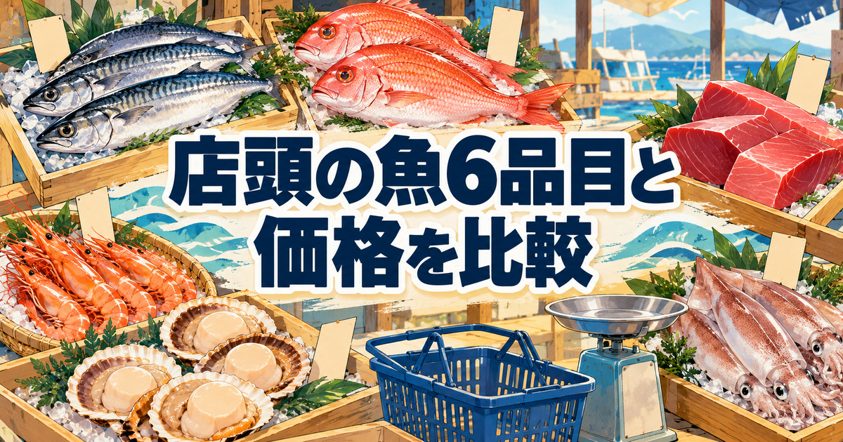 フィシュルの料金と比べる店頭の魚6品目（さば・たい・まぐろなど）が並ぶ売り場