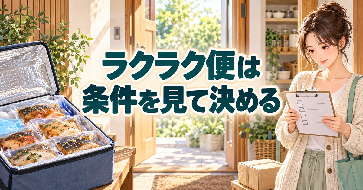 フィシュルのクーポンとラクラク便の条件を確認する女性と保冷バッグの真空パック