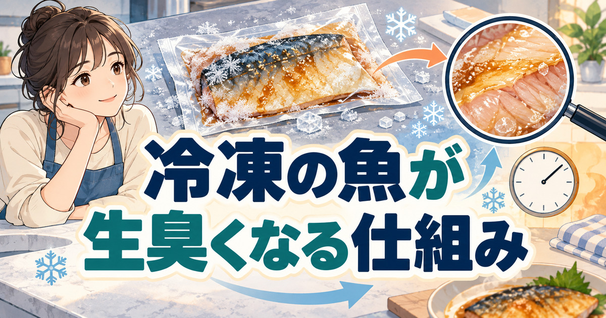 冷凍の魚が生臭くなる仕組みを、魚の身の拡大と解凍時間を表す時計で考える場面